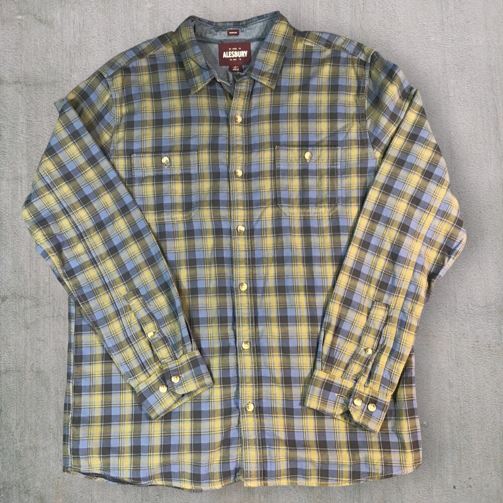 Alesbury Men’s Large Tall Soft Cotton Shirt Blue Green‎ Plaid 100% Cotton Casual